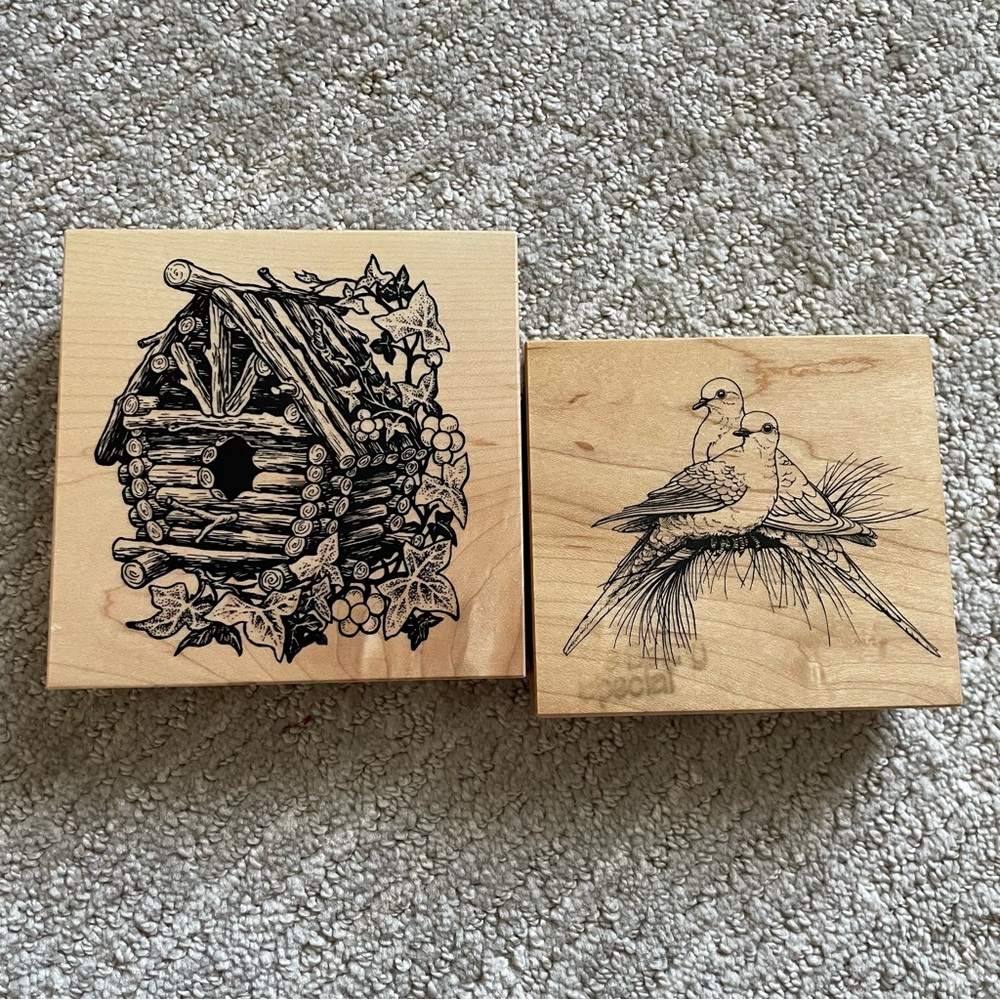 2 X-Large Decorative Wooden Rubber Stamps with Birdhouse and Pair of Doves